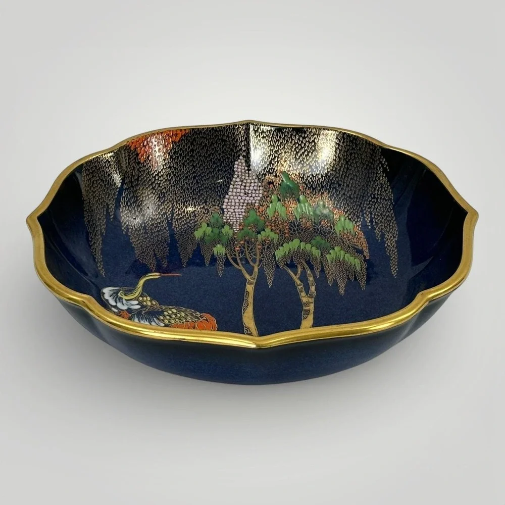 Vintage Carlton‎ Ware Bleu Royal New Stork Ceramic Bowl Blue Gold 22.5cm England
